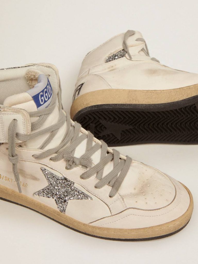 White Sky-Star Women's Sky-Star With Signature On The Ankle And Silver Inserts Golden Goose Women
