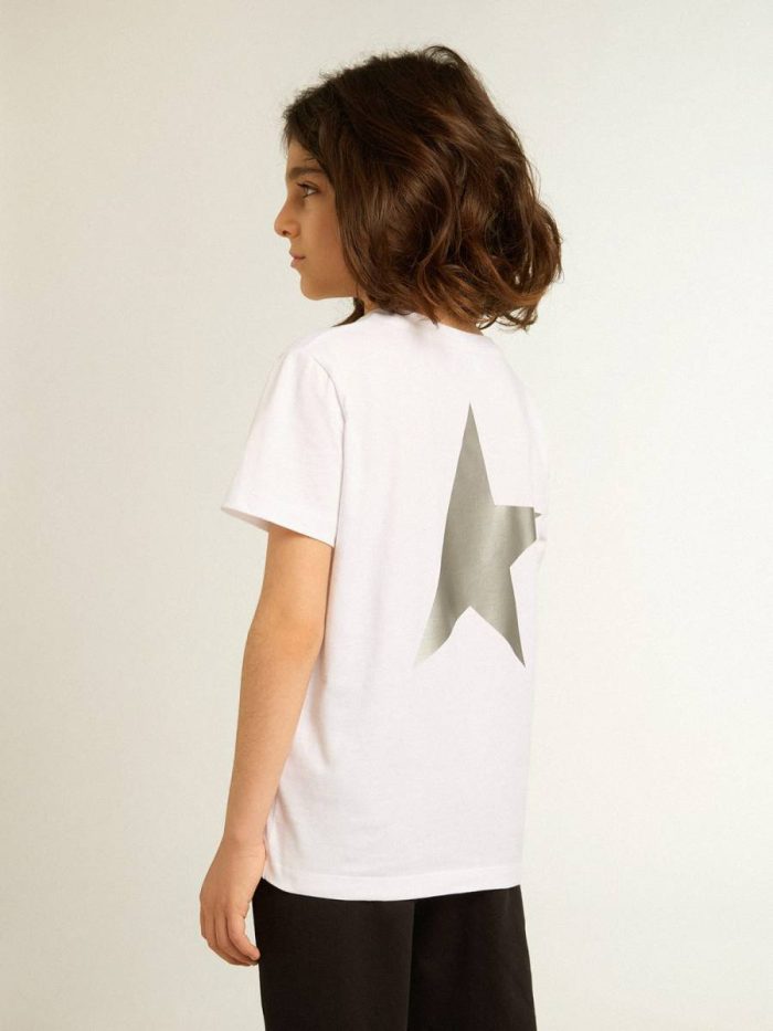 White T-Shirt With Contrasting Silver Logo On The Front Topwear Selection (4-12 Years) Kids Optical White Golden Goose