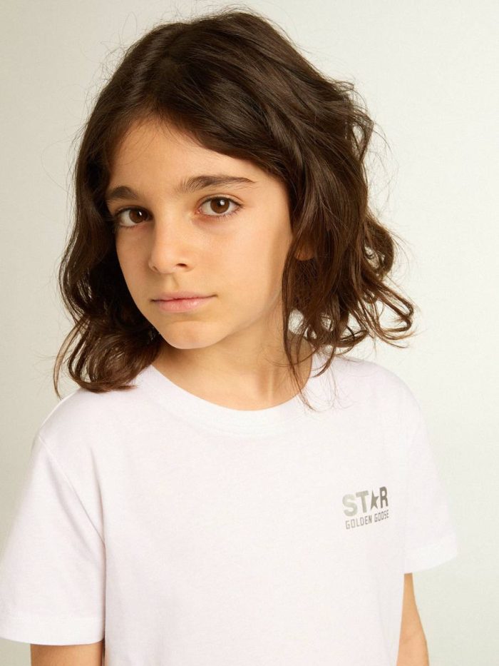 White T-Shirt With Contrasting Silver Logo On The Front Topwear Selection (4-12 Years) Kids Optical White Golden Goose