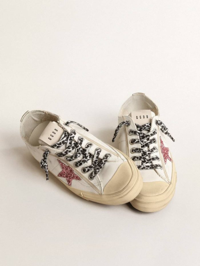 White V-Star With Pink Glitter Star And Metallic Leather Heel Tab V-Star Golden Goose Women