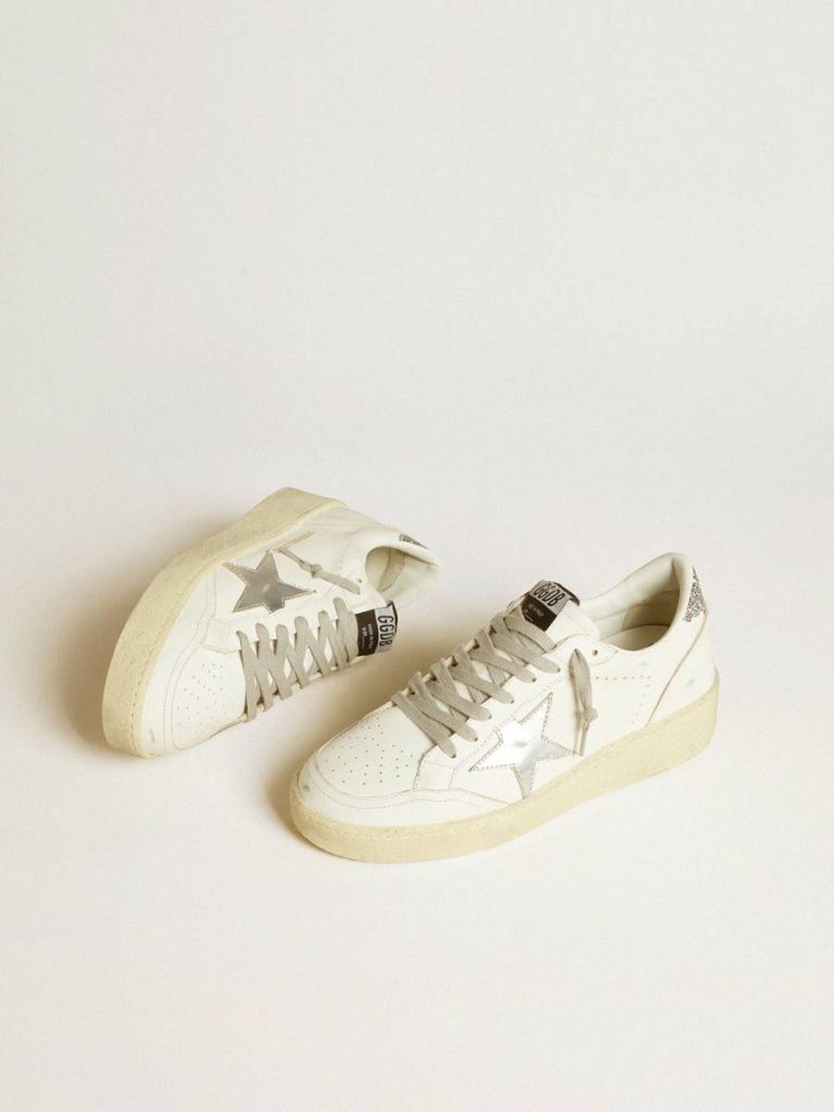 White Women Women's Ball Star With Silver Leather Star And Silver Glitter Heel Tab Ball Star Golden Goose