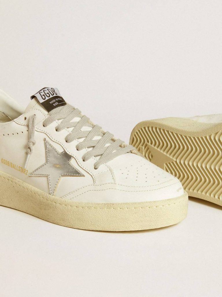 White Women Women's Ball Star With Silver Leather Star And Silver Glitter Heel Tab Ball Star Golden Goose