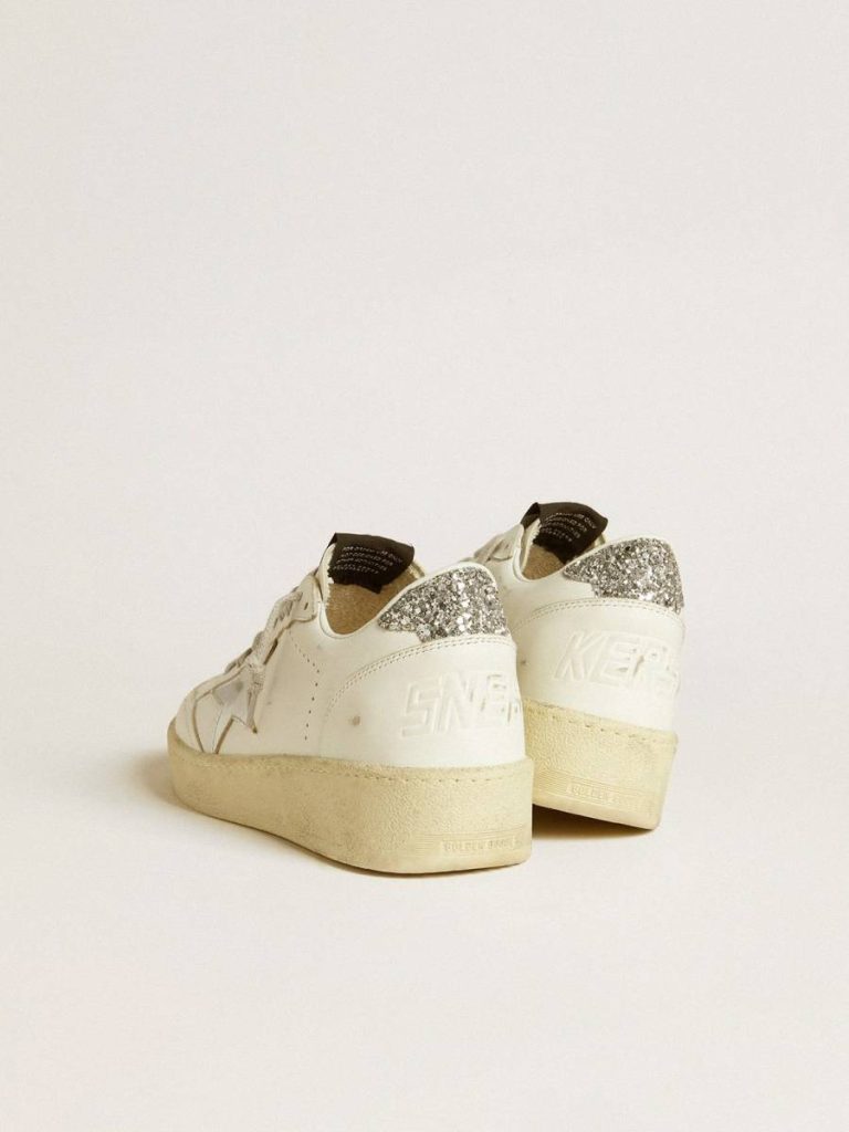 White Women Women's Ball Star With Silver Leather Star And Silver Glitter Heel Tab Ball Star Golden Goose