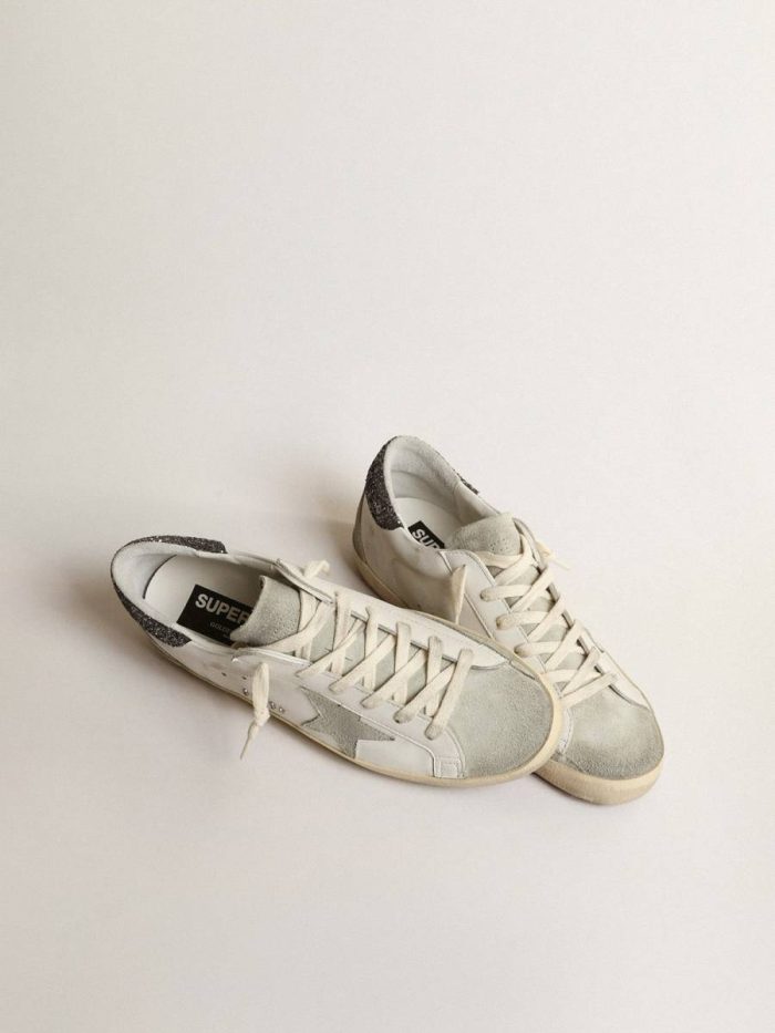 White Women Women’s Super-Star With Gray Star And Dark Gray Glitter Heel Tab Super-Star Golden Goose