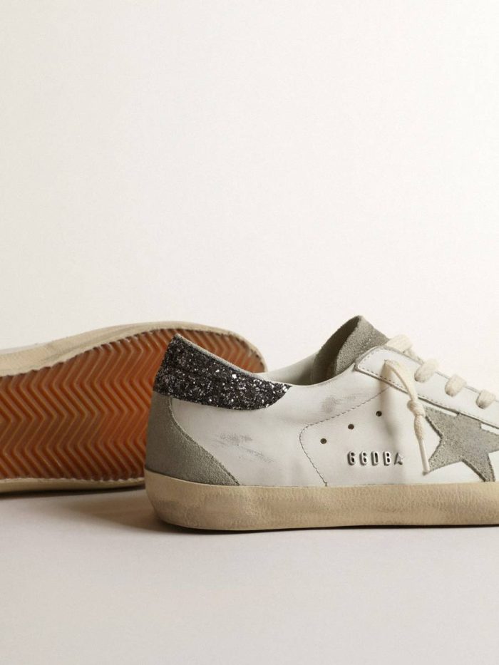 White Women Women’s Super-Star With Gray Star And Dark Gray Glitter Heel Tab Super-Star Golden Goose