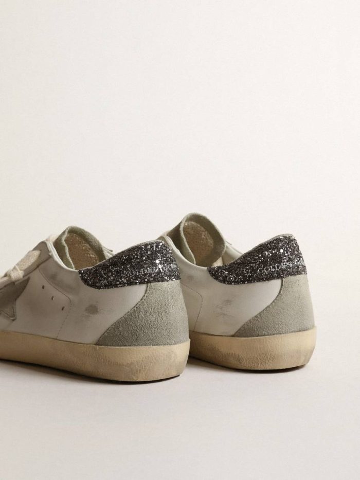 White Women Women’s Super-Star With Gray Star And Dark Gray Glitter Heel Tab Super-Star Golden Goose