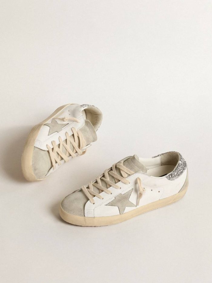 White Women's Super-Star With Gray Star And Silver Glitter Heel Tab Golden Goose Women Super-Star
