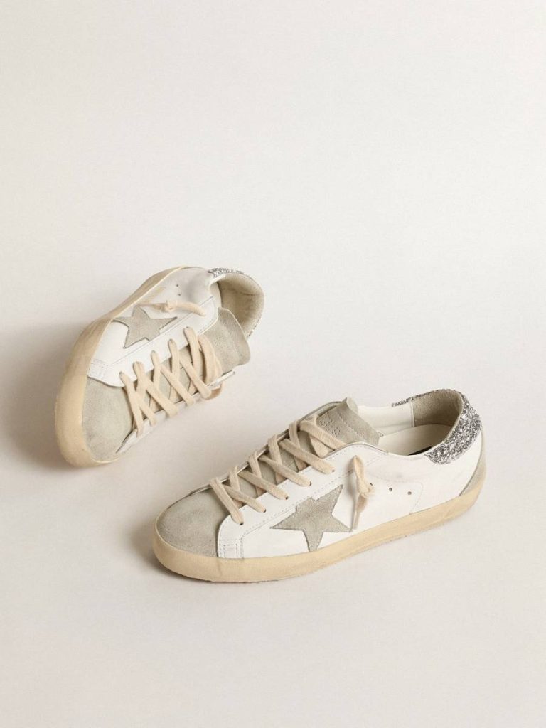 White Women's Super-Star With Gray Star And Silver Glitter Heel Tab Golden Goose Women Super-Star