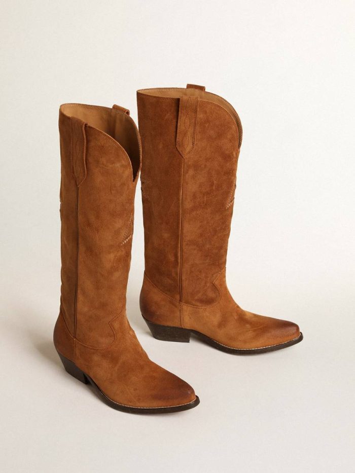 Wish Star Boots In Cognac Suede With Tone-On-Tone Inlay Star Women Boots Golden Goose