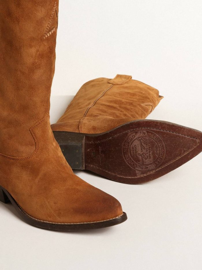 Wish Star Boots In Cognac Suede With Tone-On-Tone Inlay Star Women Boots Golden Goose