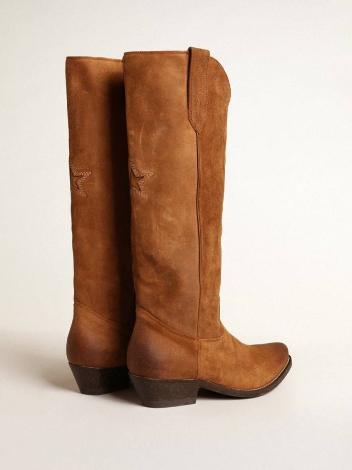 Wish Star Boots In Cognac Suede With Tone-On-Tone Inlay Star Women Boots Golden Goose