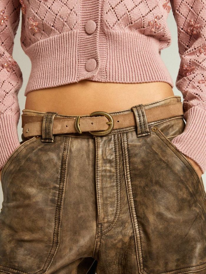 Women Ash-Colored Nubuck Leather Belt With Gold Buckle Ash Belts Golden Goose