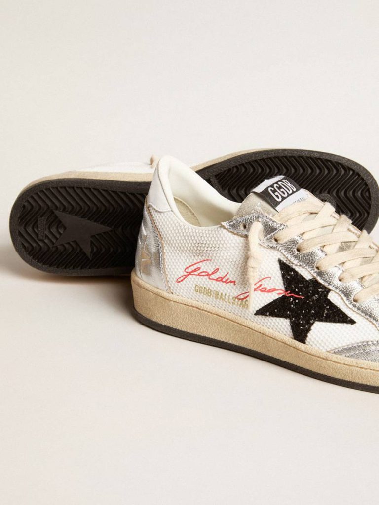 Women Ball Star In White Mesh With Black Glitter Star And Silver Inserts Ball Star Golden Goose