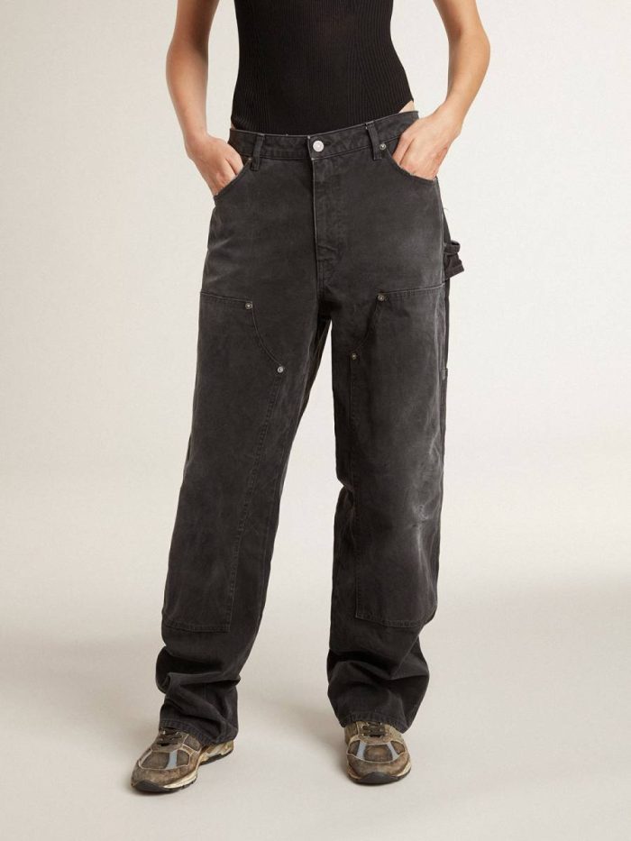 Women Black Jeans & Pants Golden Goose Women's Distressed Black Cotton Jeans With Front Patches