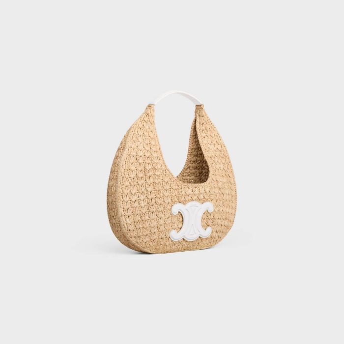 Women Celine Classic Panier Hobo Bag In Raffia And Calfskin White Shoulder Bags