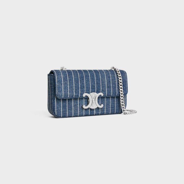 Women Chain Shoulder Bag Claude In Striped Denim With Strass Shoulder Bags Celine Denim