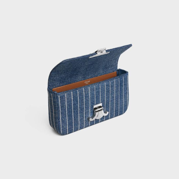 Women Chain Shoulder Bag Claude In Striped Denim With Strass Shoulder Bags Celine Denim