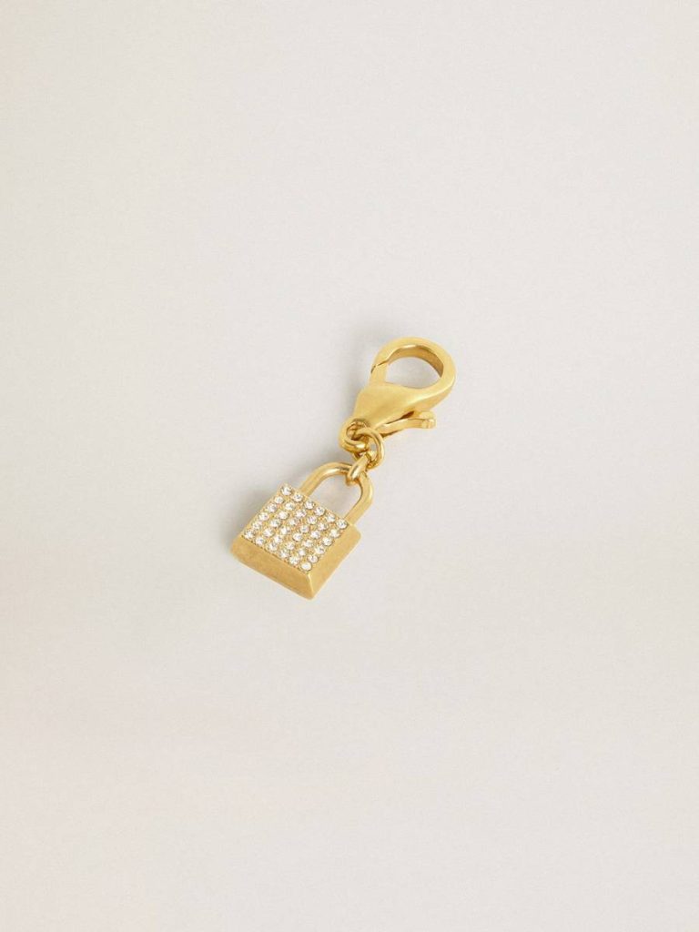 Women Gold Bag Accessories Golden Goose Lock-Shaped Charm In Gold-Colored Brass With Crystals