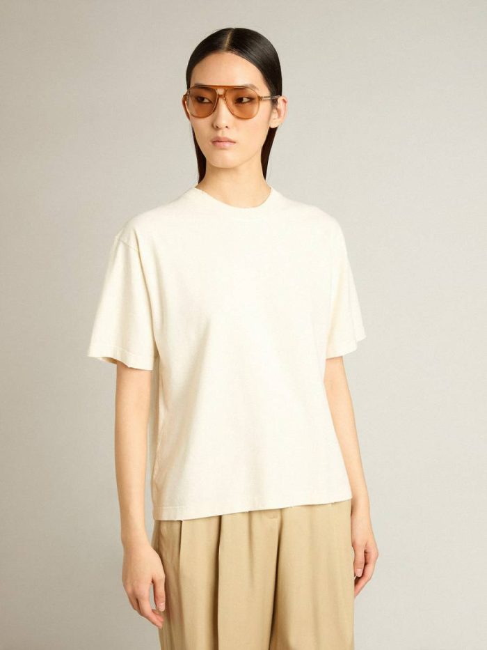 Women Golden Goose Aged White T-Shirt In Aged White With Reverse Logo On The Back - Jersey Capsule T-Shirts & Tops