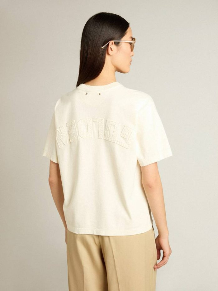 Women Golden Goose Aged White T-Shirt In Aged White With Reverse Logo On The Back - Jersey Capsule T-Shirts & Tops