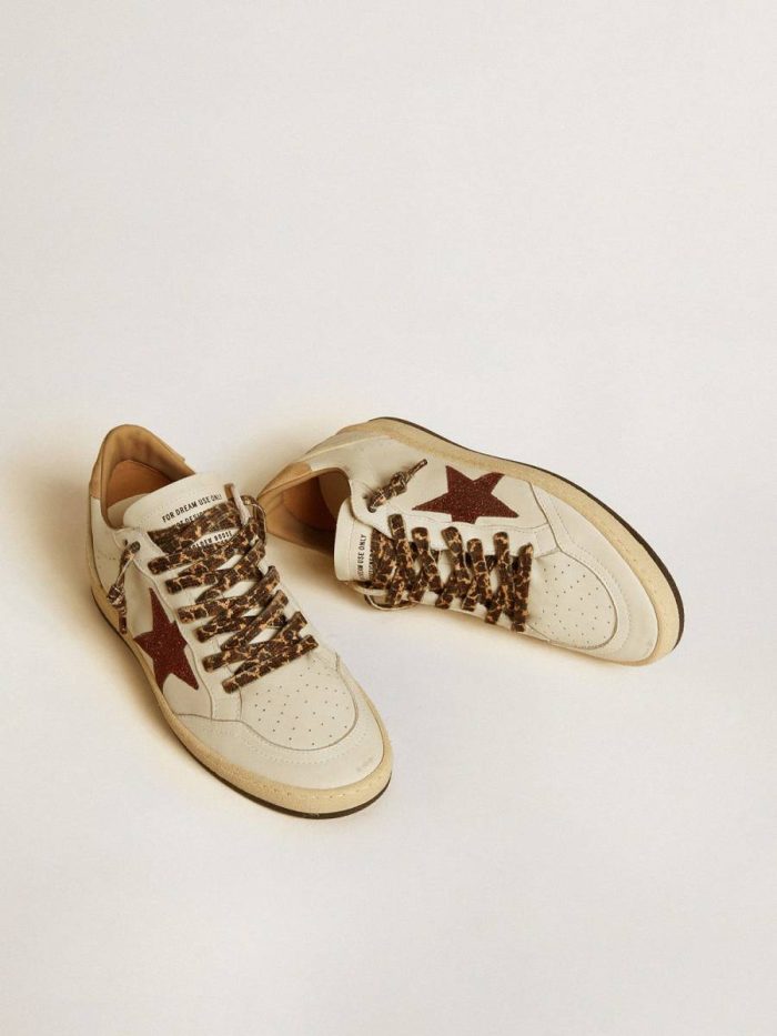Women Golden Goose Ball Star White Women's Ball Star Ltd With Burgundy Glitter Star And Beige Suede Heel Tab