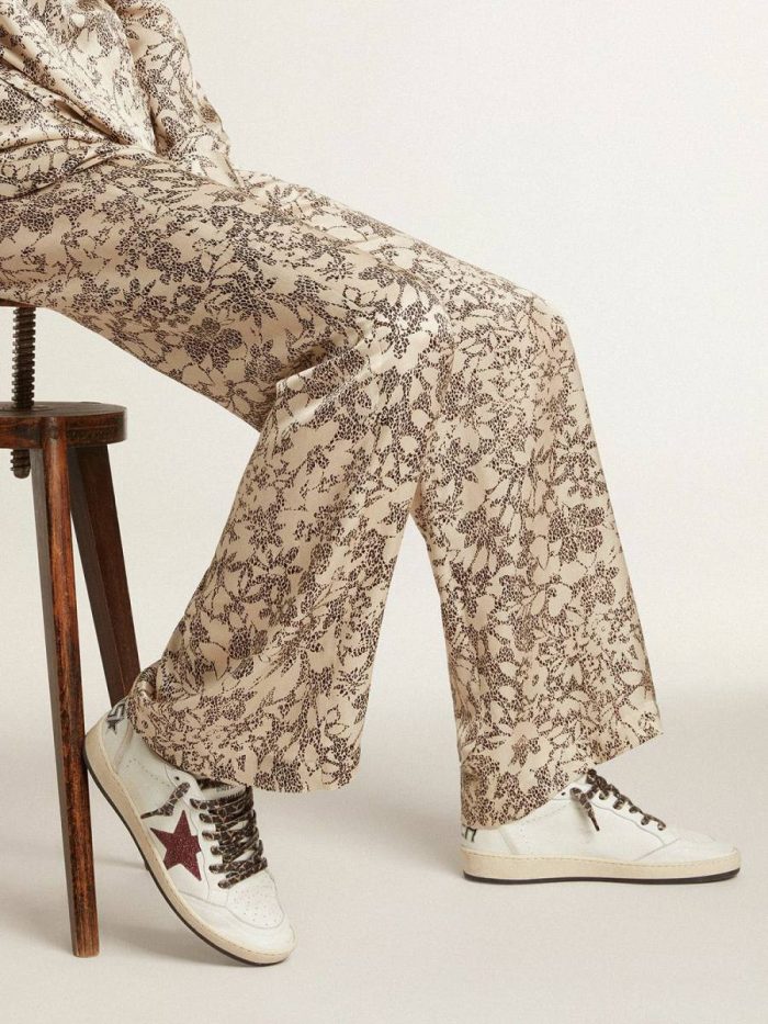 Women Golden Goose Ball Star White Women's Ball Star Ltd With Burgundy Glitter Star And Beige Suede Heel Tab