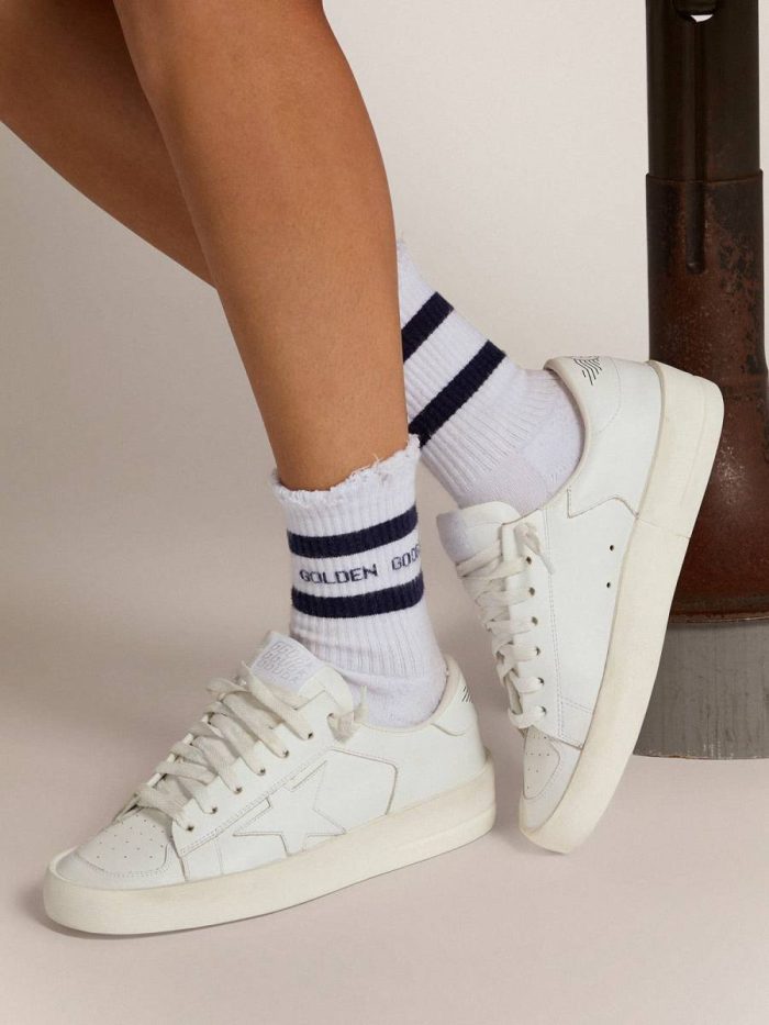 Women Golden Goose Cotton Socks With Distressed Finishes, Blue Stripes And Logo Socks