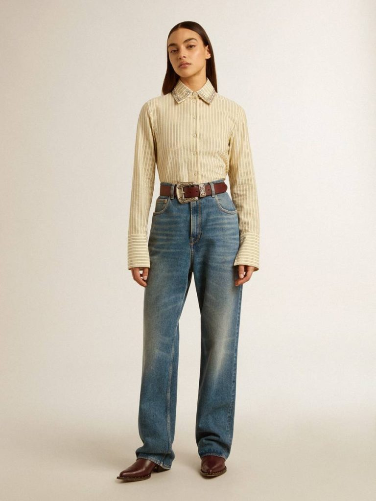 Women Golden Goose Ecru And Black Ecru Shirt With Stripes And Embroidered Crystals Shirts