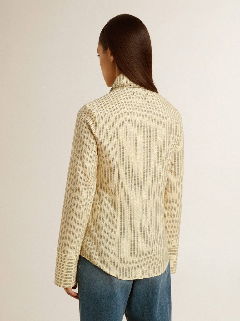 Women Golden Goose Ecru And Black Ecru Shirt With Stripes And Embroidered Crystals Shirts