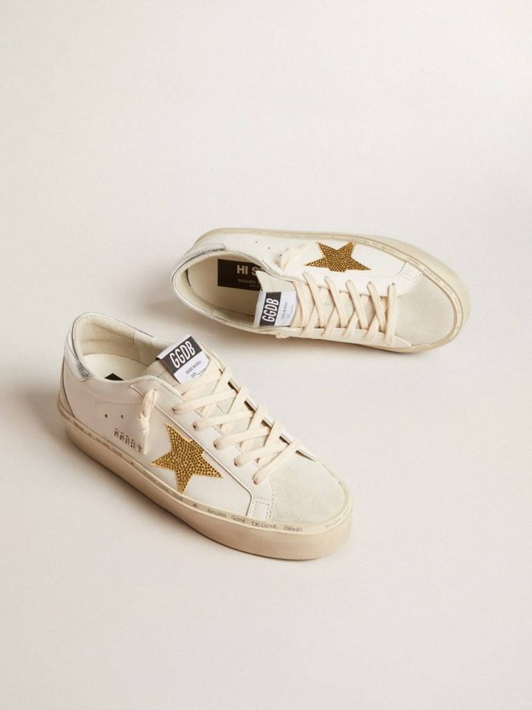 Women Golden Goose Hi Star Hi Star With Swarovski Crystal Star And Silver Leather Heel Tab White