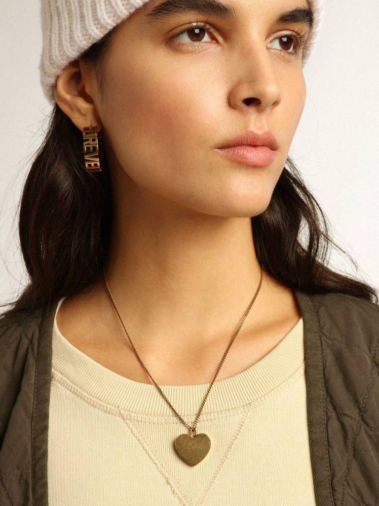 Women Golden Goose Jewelry Hoop Earrings In Antique Gold Color With Forever For You Lettering Antique Gold