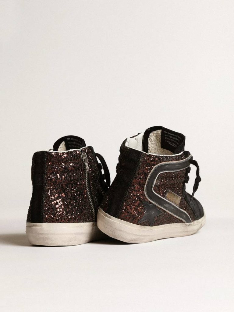 Women Golden Goose Slide In Brown Glitter With Black Leather Star And Flash Slide
