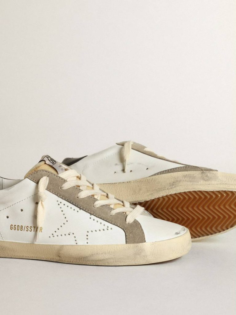 Women Golden Goose White Super-Star Women's Super-Star With Perforated Star And Midnight Blue Heel Tab