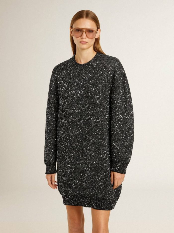 Women Golden Goose Women's Black Crew Neck Dress With All-Over Silver Sequins Dresses & Jumpsuits Black
