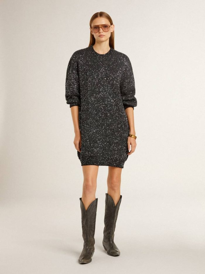 Women Golden Goose Women's Black Crew Neck Dress With All-Over Silver Sequins Dresses & Jumpsuits Black