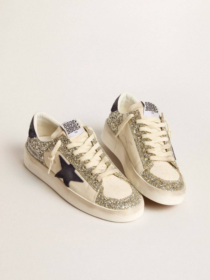 Women Golden Goose Women's Stardan In Platinum Glitter With Dark Blue Suede Star And Heel Tab Stardan