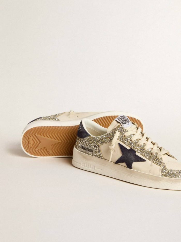 Women Golden Goose Women's Stardan In Platinum Glitter With Dark Blue Suede Star And Heel Tab Stardan