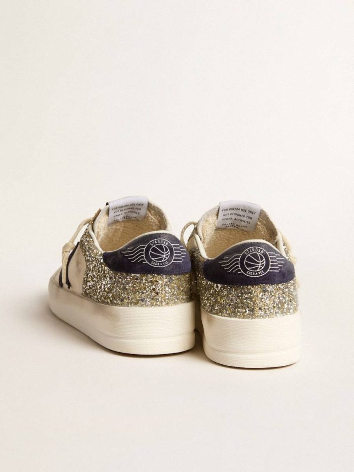 Women Golden Goose Women's Stardan In Platinum Glitter With Dark Blue Suede Star And Heel Tab Stardan
