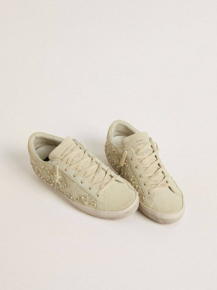Women Golden Goose Women’s Super-Star In Beige Suede With Pearls And Swarovski Crystals Super-Star
