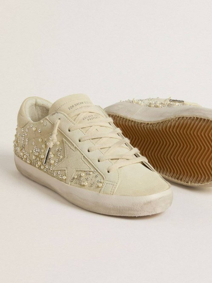 Women Golden Goose Women’s Super-Star In Beige Suede With Pearls And Swarovski Crystals Super-Star