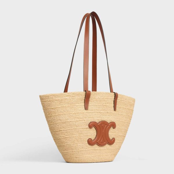 Women Hobo And Tote Bags Medium Supple Celine Classic Panier In Raffia And Calfskin Tan