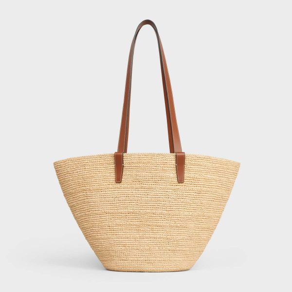 Women Hobo And Tote Bags Medium Supple Celine Classic Panier In Raffia And Calfskin Tan