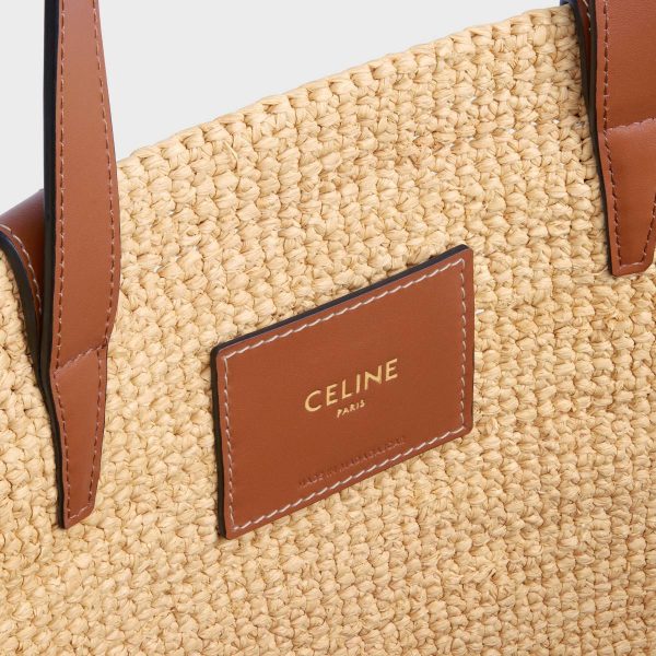 Women Hobo And Tote Bags Medium Supple Celine Classic Panier In Raffia And Calfskin Tan