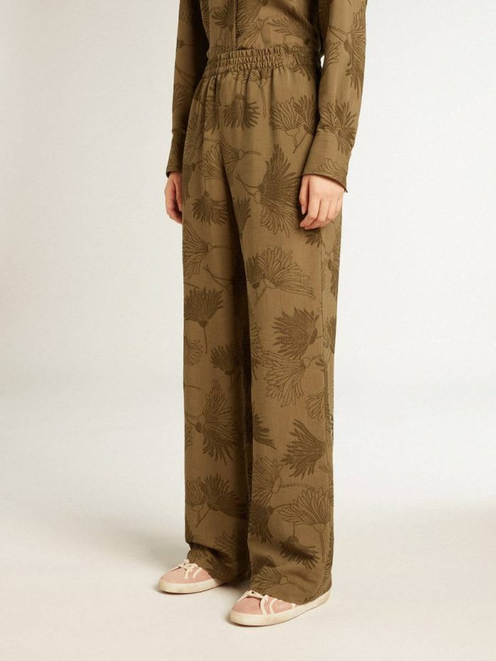 Women Jeans & Pants Women's Olive-Colored Viscose-Cotton Blend Pants With Floral Pattern Golden Goose Olive