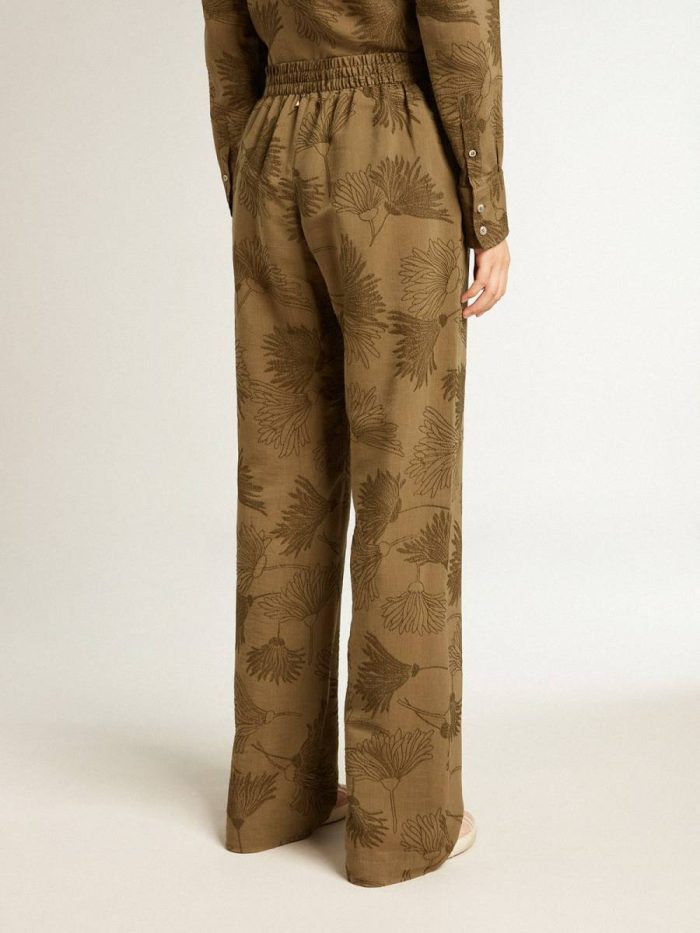 Women Jeans & Pants Women's Olive-Colored Viscose-Cotton Blend Pants With Floral Pattern Golden Goose Olive