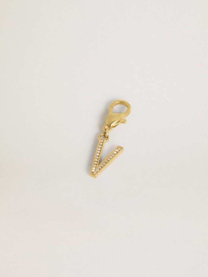 Women Letter V Charm In Gold-Colored Brass With Crystals Bag Accessories Gold Golden Goose
