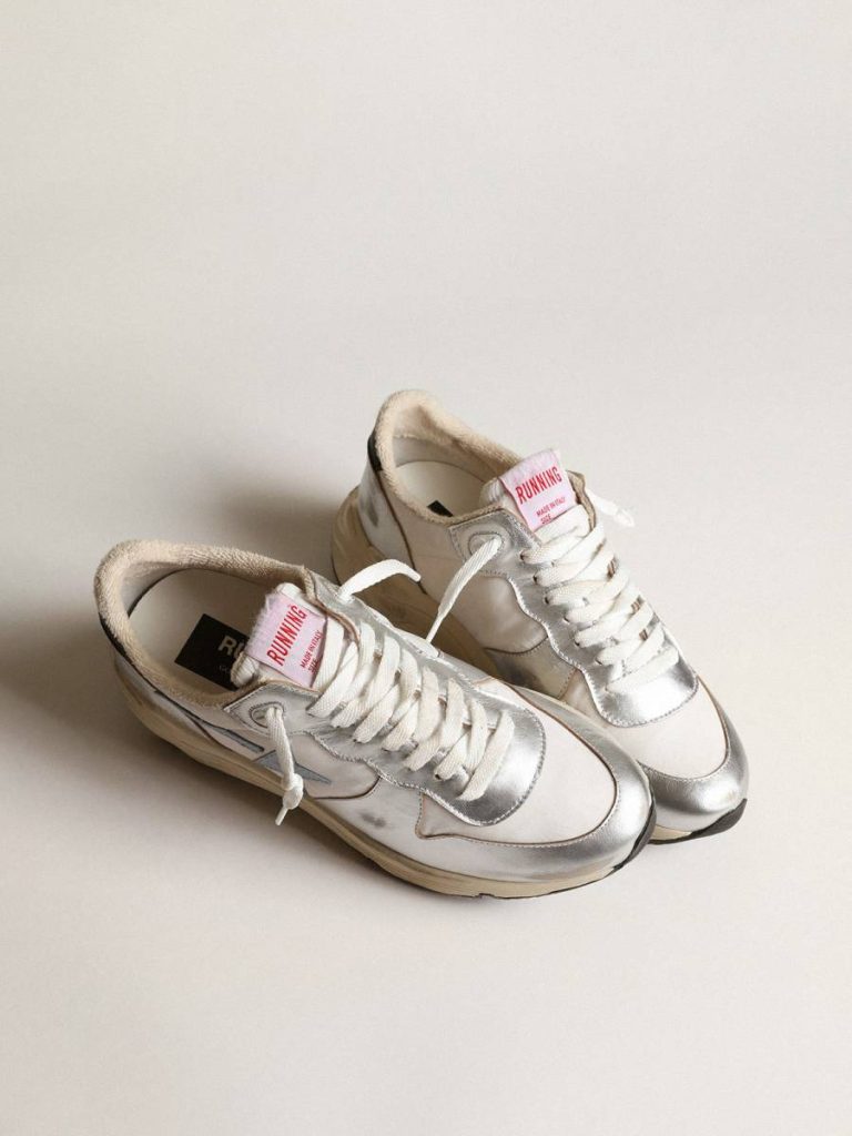 Women Running Sole In Nylon And Silver Metallic Leather With Light Blue Star Running Sole Golden Goose
