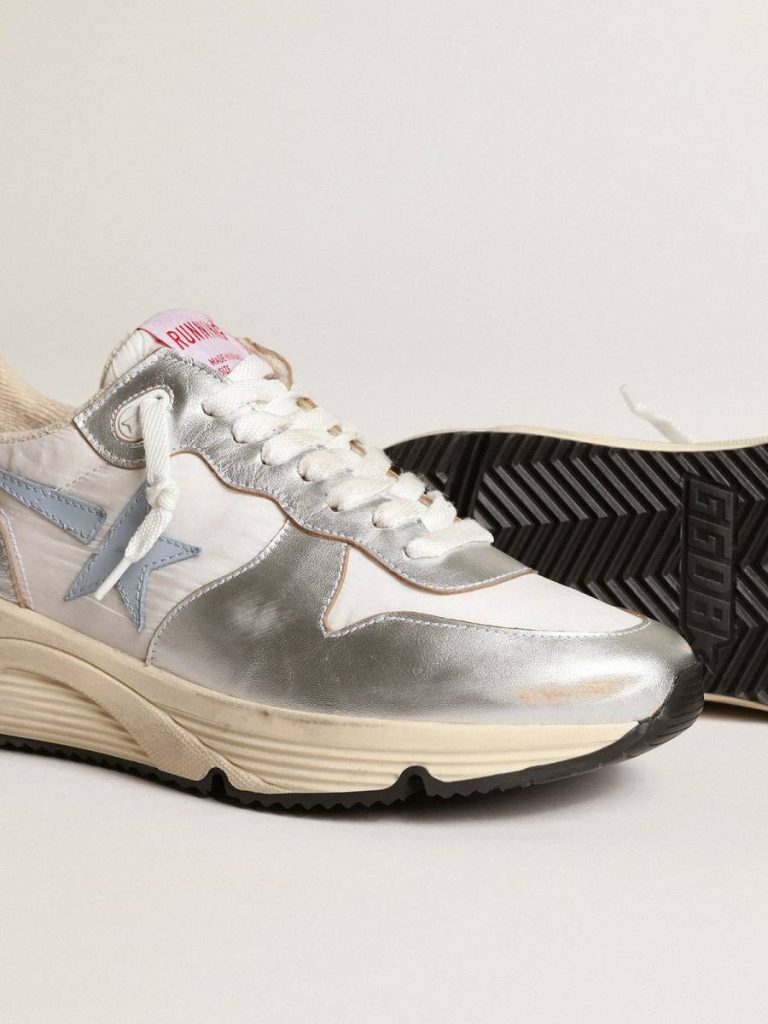 Women Running Sole In Nylon And Silver Metallic Leather With Light Blue Star Running Sole Golden Goose