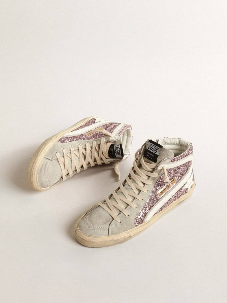 Women Slide Golden Goose Slide In Lilac Glitter With White Leather Star And Flash