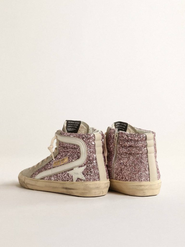 Women Slide Golden Goose Slide In Lilac Glitter With White Leather Star And Flash